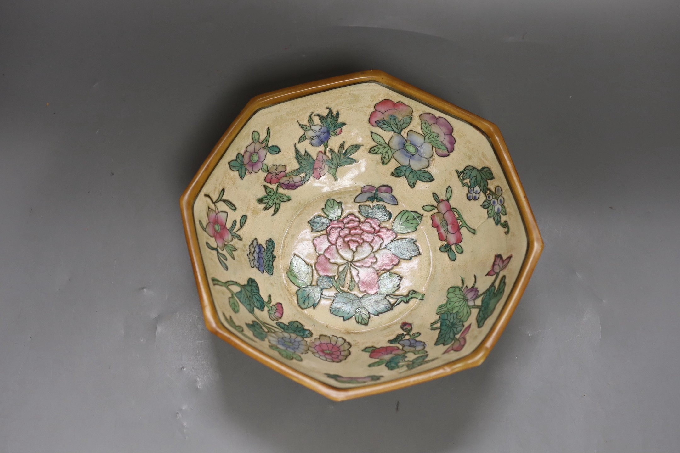 A Chinese Kangxi style blue and white ‘qilin’ dish and a famille rose octagonal dish, largest 33cm diameter